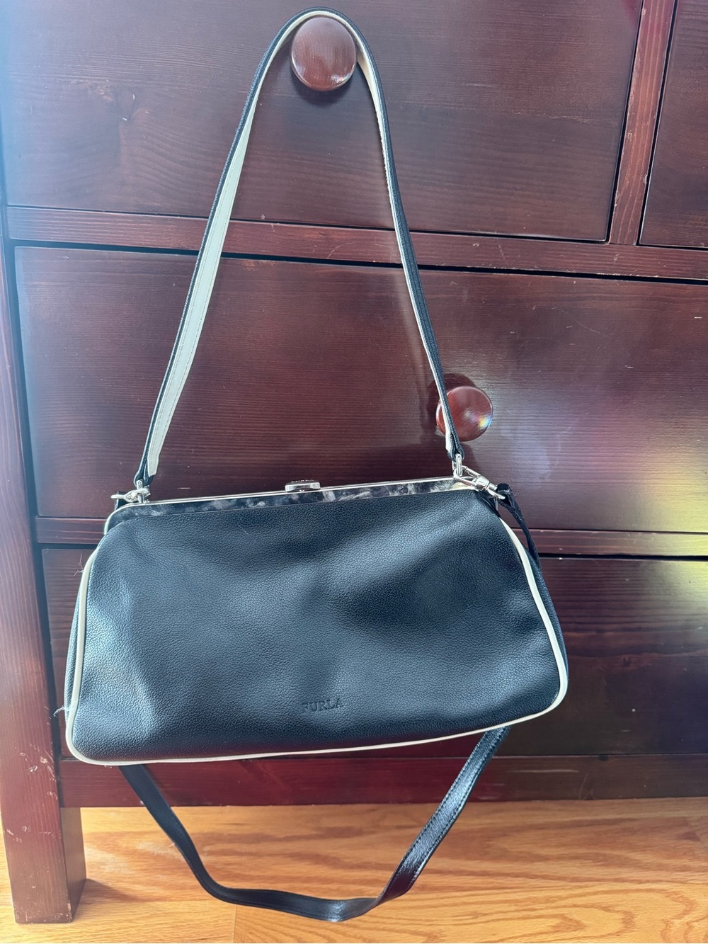 Furla Black Leather Shoulder Bag with White Contrast Piping
